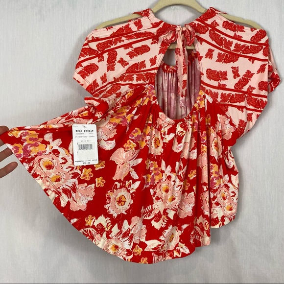 NWT Free People Baja Babe Red Floral Flowy Tie Open Back Blouse Gathered Top - Picture 8 of 16